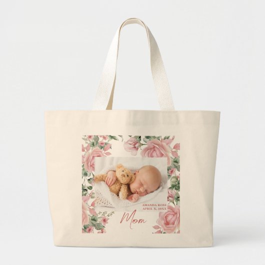 Roze Moeder Bloemen Foto Grote Tote Bag (Voorkant)