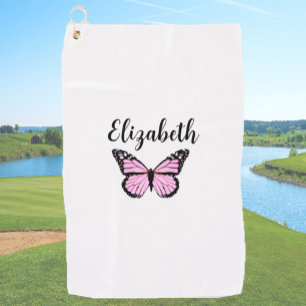 Roze Monarch Butterfly Custom Name Dames Golfhanddoek