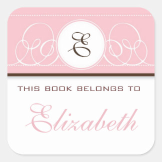 Roze monogram boekenplaat vierkante sticker