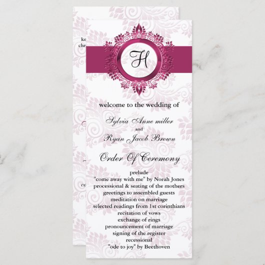 roze monogram bruiloft programma (Voorkant / Achterkant)