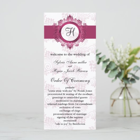 roze monogram bruiloft programma (Staand voorkant)