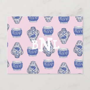 Roze Monogram Chinoisserie Ginger Jar Feestdagenkaart