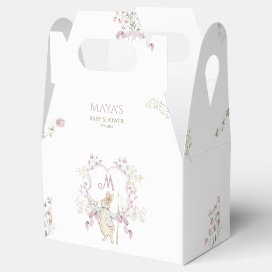 Roze Monogram Crest Peter de Konijn Baby shower Bedankdoosjes (Geopend)