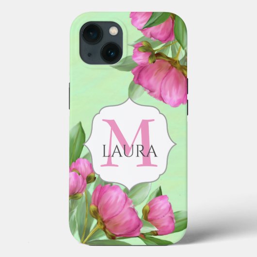 Roze Monogram Custom Bloemen Botanische Pioenen Case-Mate iPhone Case (Achterkant)