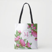 Roze Monogram Custom Elegante Botanische Pioenen Draagtas (Voorkant)