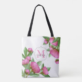 Roze Monogram Custom Elegante Botanische Pioenen Draagtas (Achterkant)