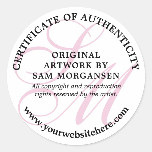 Roze Monogram Elegant Certificaat van Echtheid Ronde Sticker (Voorkant)