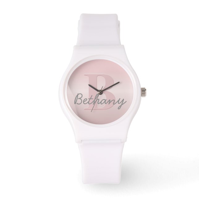  roze monogram en Jouw naam script bevestigen Horloge (Voorkant)