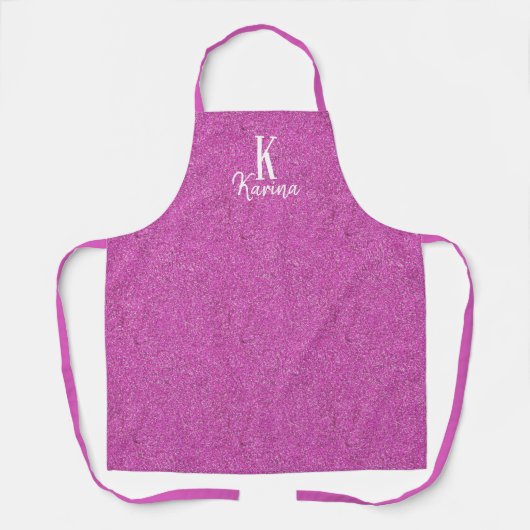 Roze monogram en naam met meisjesachtige glitters schort (Voorkant)