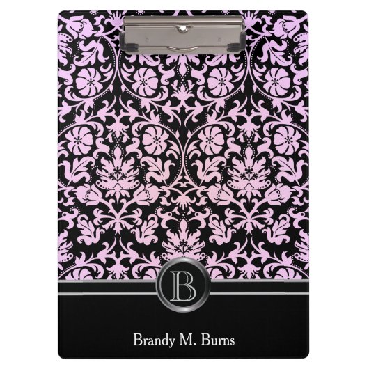 Roze Monogram Floral Damask Klembord (Voorkant)