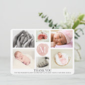 Roze Monogram Foto Collage Baby Hartelijk dank Aankondiging (Staand voorkant)