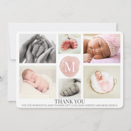 Roze Monogram Foto Collage Baby Hartelijk dank Aankondiging (Voorkant)