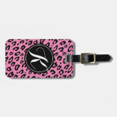 Roze monogram gemerkt luipaardprint bagagelabel (Voorkant horizontaal)