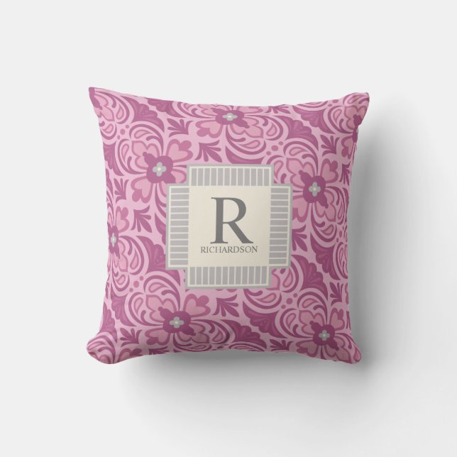 Roze monogram geometrisch kussen (Voorkant)