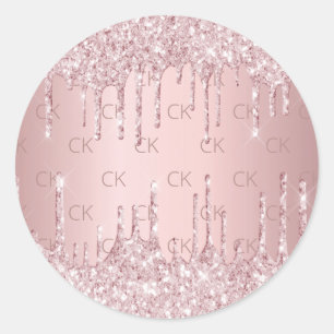 Roze monogram glitter druppelt stoffige roos luxe ronde sticker