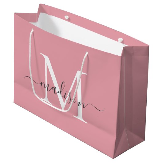 Roze Monogram Grauwe Elegante Script Naam Groot Cadeauzakje (Voorkant Gekanteld)