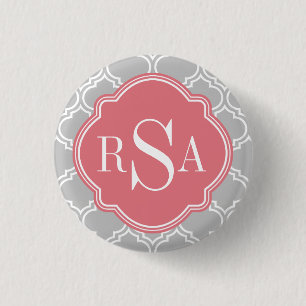 Roze monogram grijs rooster ronde button 3,2 cm