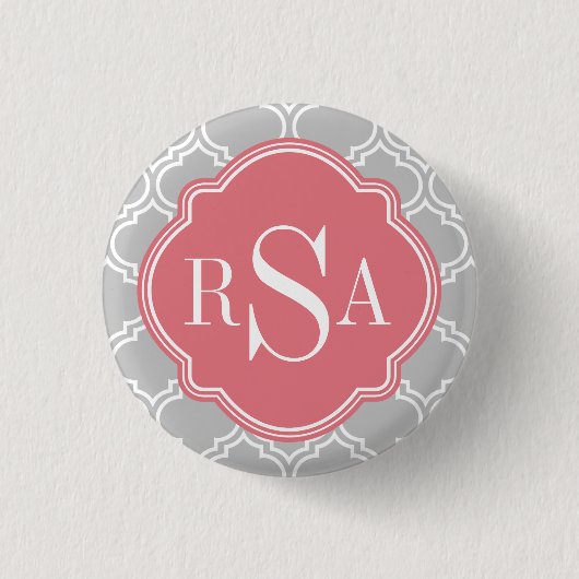 Roze monogram grijs rooster ronde button 3,2 cm (Voorkant)