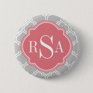 Roze monogram grijs rooster ronde button 5,7 cm