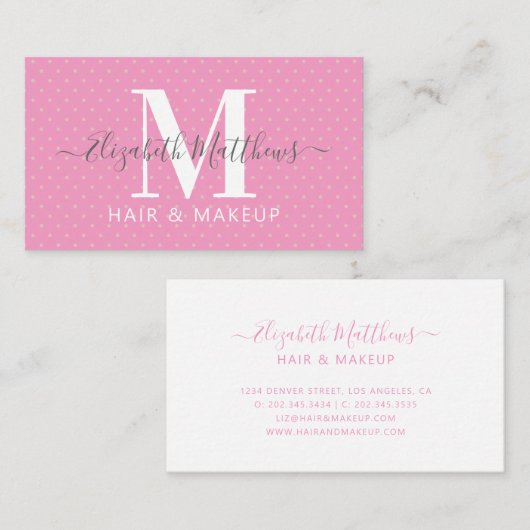 Roze Monogram Haar & Make-up Visitekaartje (Voorkant / Achterkant)