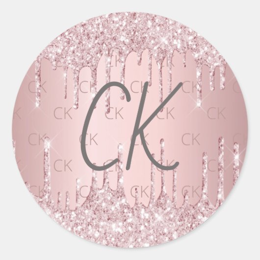 Roze monogram initialen stoffige roos glitter ronde sticker (Voorkant)