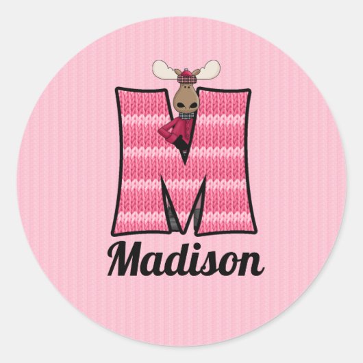Roze monogram letter M Ronde Sticker (Voorkant)