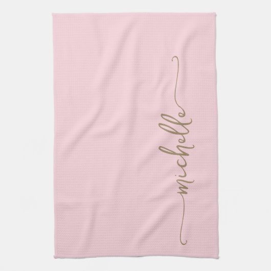 Roze Monogram Naam Gouden Calligrafie Schrift Theedoek (Verticaal)