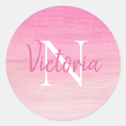 Roze Monogram Naam Script Ronde Sticker (Voorkant)