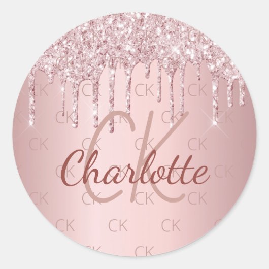 Roze monogram naam stoffig roos glitter druppels ronde sticker (Voorkant)
