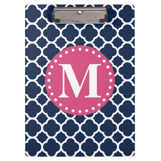 Roze Monogram Navy Quatrefoil Pattern Klembord (Voorkant)