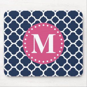 Roze Monogram Navy Quatrefoil Pattern Muismat