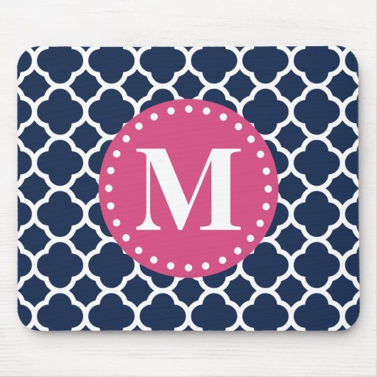 Roze Monogram Navy Quatrefoil Pattern Muismat (Voorkant)