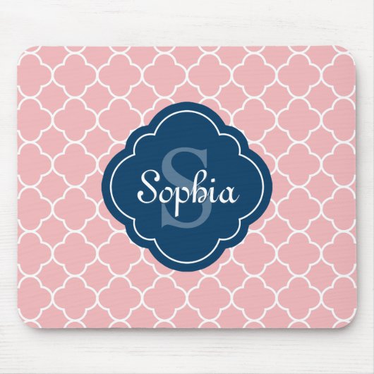 Roze monogram Quatrefoil Pattern Muismat (Voorkant)