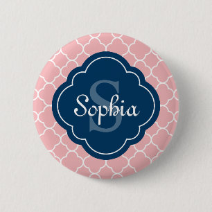 Roze monogram Quatrefoil Pattern Ronde Button 5,7 Cm
