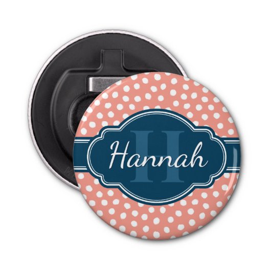 Roze monogram van het witte patroon button flesopener (Voorkant)