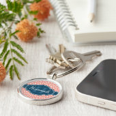 Roze monogram van het witte patroon sleutelhanger (Zijkant)