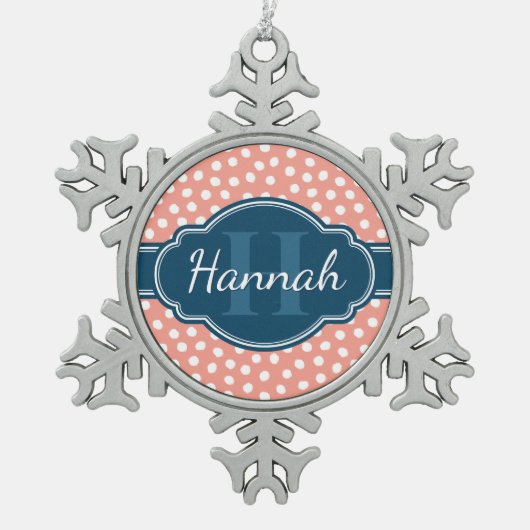 Roze monogram van het witte patroon tin sneeuwvlok ornament (Voorkant)