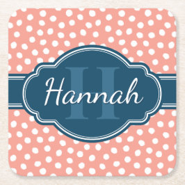 Roze monogram van het witte patroon vierkante kartonnen onderzetter