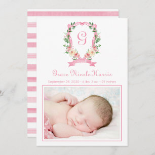 Roze Monogrammed Crest Birth Announement Aankondiging
