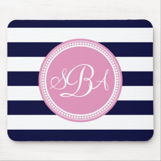 Roze monogrammed Navy Blue Stripe, gepersonaliseer Muismat