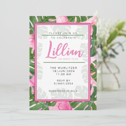 Roze Monstera bruids douche uitnodiging (Staand voorkant)