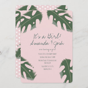 Roze Monstera Tropical Girls Greenery Baby shower Kaart