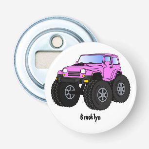 Roze monstertruck cartoon illustratie button flesopener