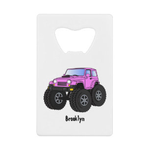 Roze monstertruck cartoon illustratie kredietkaart flessenopener