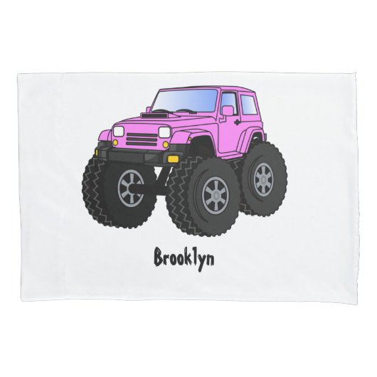 Roze monstertruck cartoon illustratie kussensloop (Voorkant)