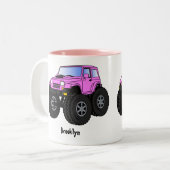 Roze monstertruck cartoon illustratie tweekleurige koffiemok (Voorkant links)