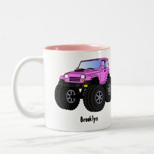 Roze monstertruck cartoon illustratie tweekleurige koffiemok