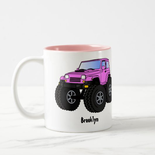 Roze monstertruck cartoon illustratie tweekleurige koffiemok (Links)