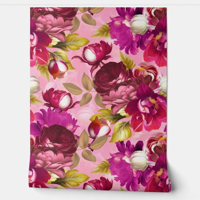 Roze Moody Florals Maximalistische bloementuin Behang (Afrollen)