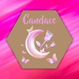Roze- Moon, Butterfly, Floral - Monogram Kartonnen Onderzetters